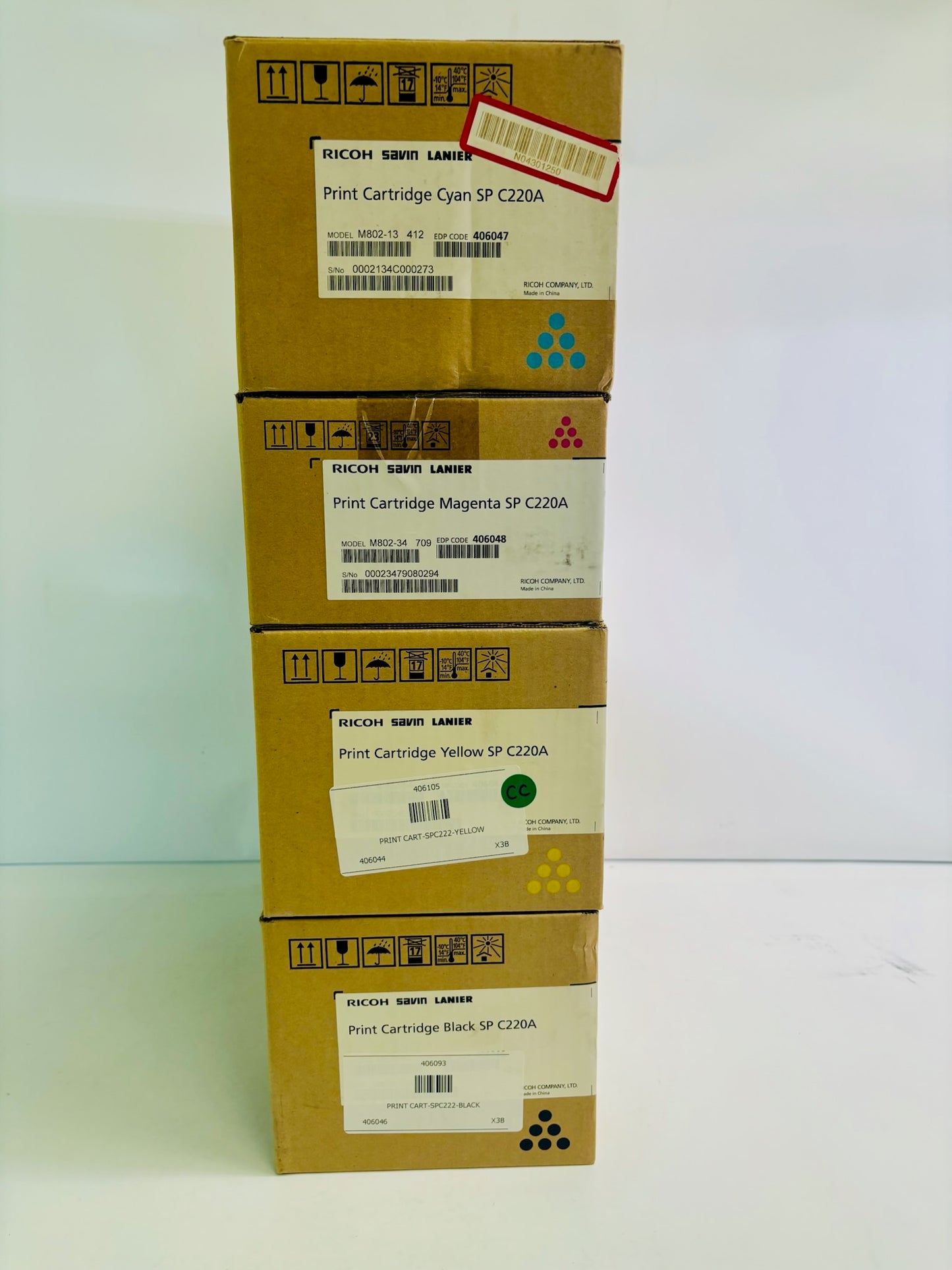 4 Genuine Ricoh Aficio SP C220DN CMYK Toner 406044,406046,406047,406048