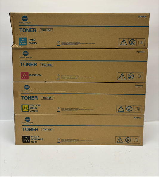 4 Genuine Konica Bizhub C750i, C751i Cyan, Mag, Yellow & Black Toners TN715 CMYK