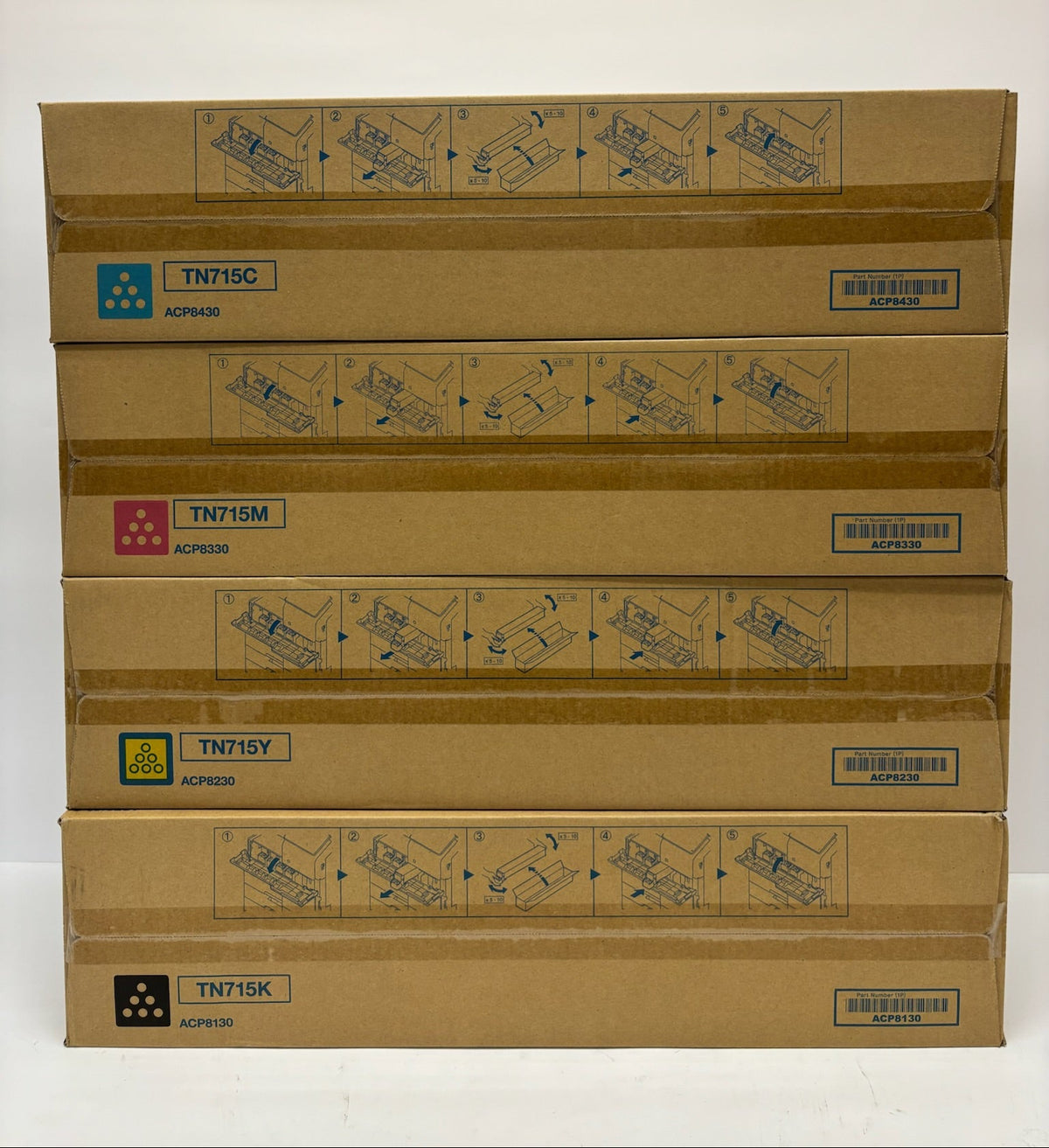 4 Genuine Konica Bizhub C750i, C751i Cyan, Mag, Yellow & Black Toners TN715 CMYK