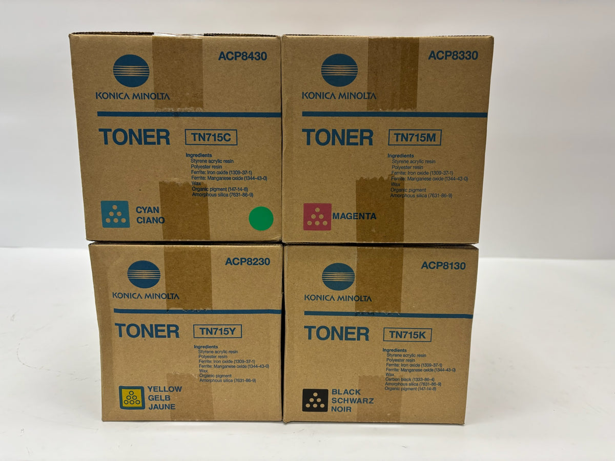 4 Genuine Konica Bizhub C750i, C751i Cyan, Mag, Yellow & Black Toners TN715 CMYK