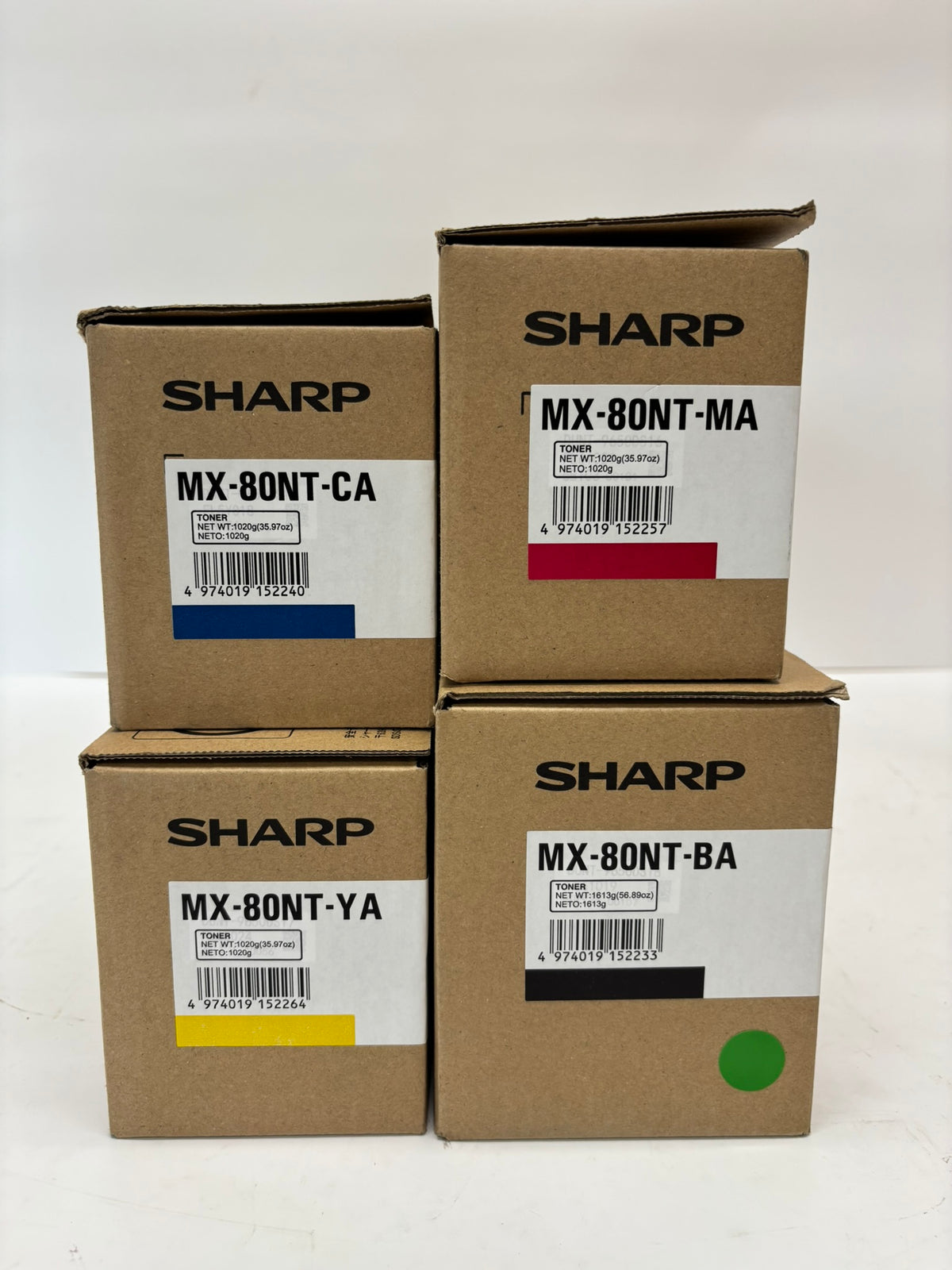 4 Genuine Sharp MX-7081,MX-8081 Cyan, Magenta, Yellow & Black Toner MX-80NT CMYK