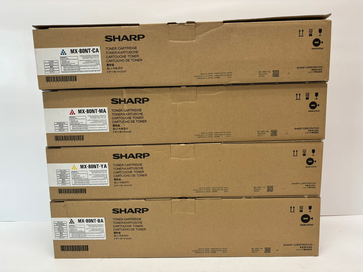 4 Genuine Sharp MX-7081,MX-8081 Cyan, Magenta, Yellow & Black Toner MX-80NT CMYK