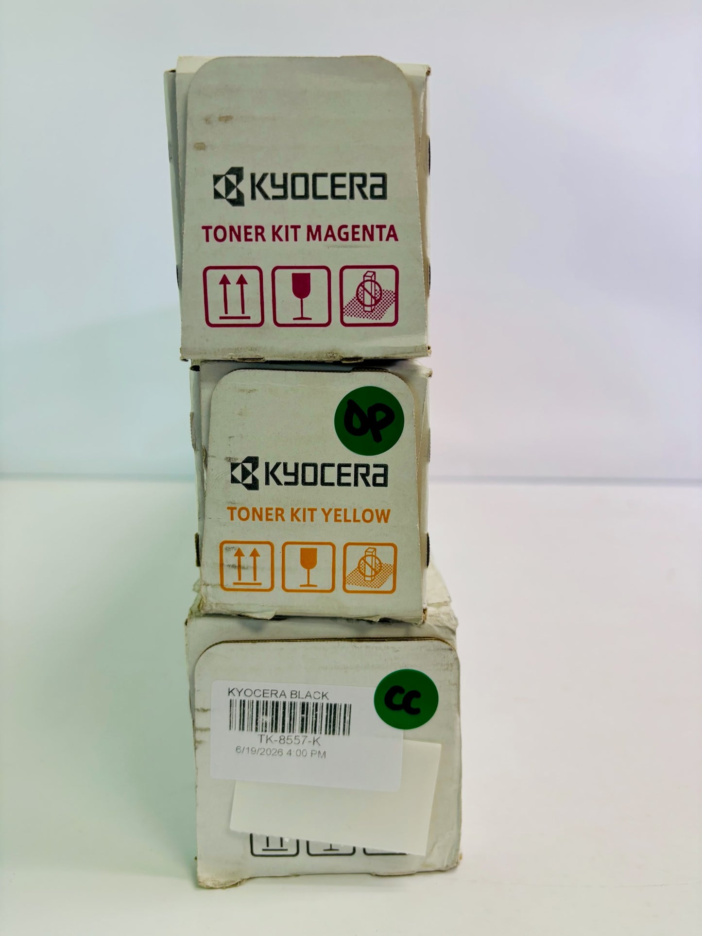 3 Open Kyocera 6054ci, 7054ci Magenta, Yellow & Black Toner TK-8557 MYK