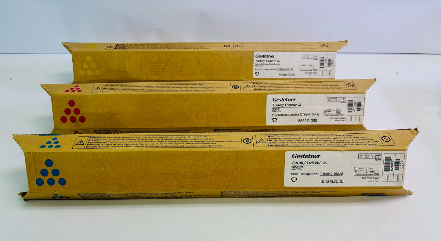 3 Genuine Gestetner MPC4501, MPC5501 Cyan, Magenta, & Yellow Toner 820043,50,57