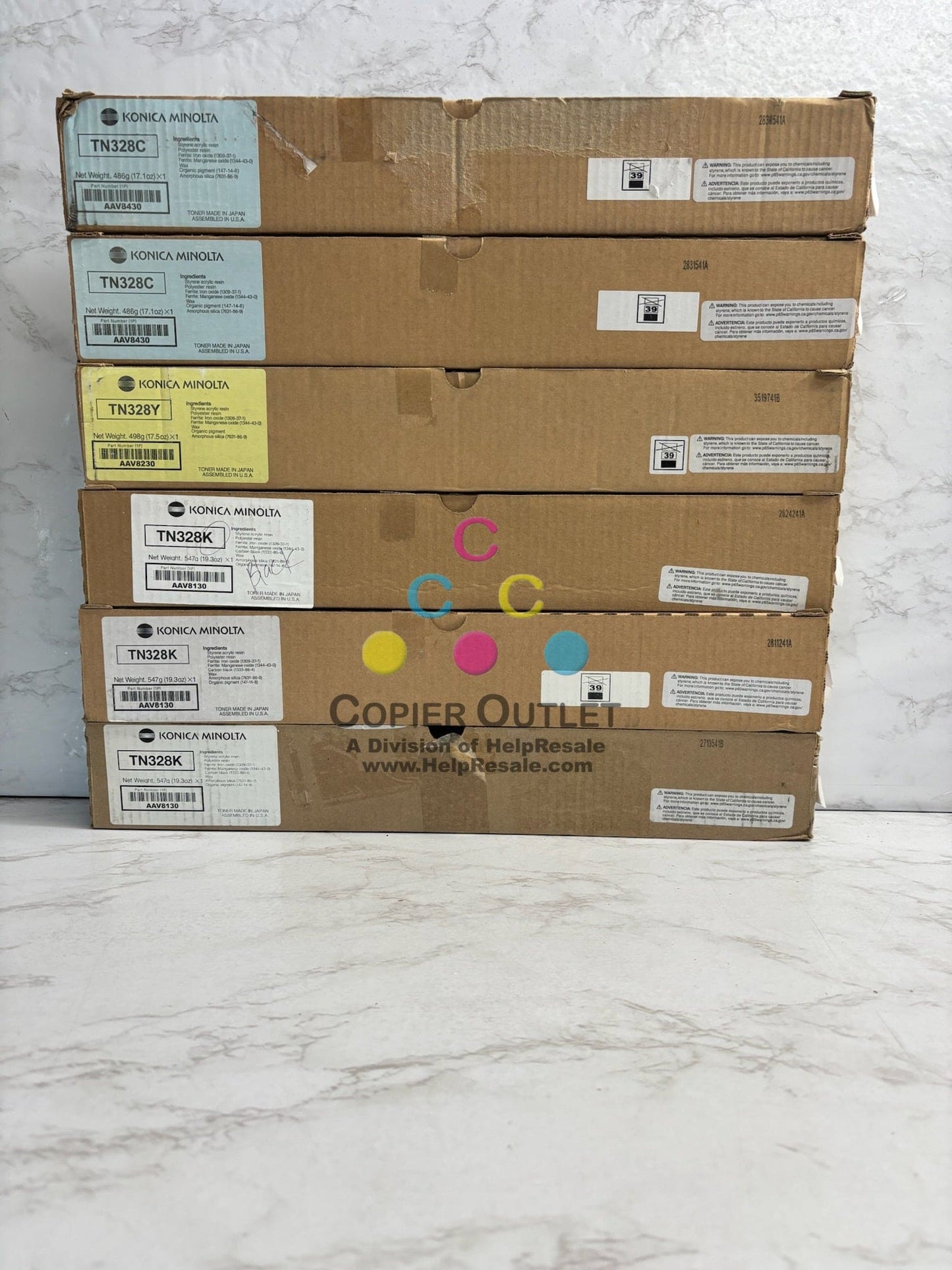 6 Genuine Konica Minolta BH C250i,C251i,C300i CCYKKK Toners TN328 (No Magenta)