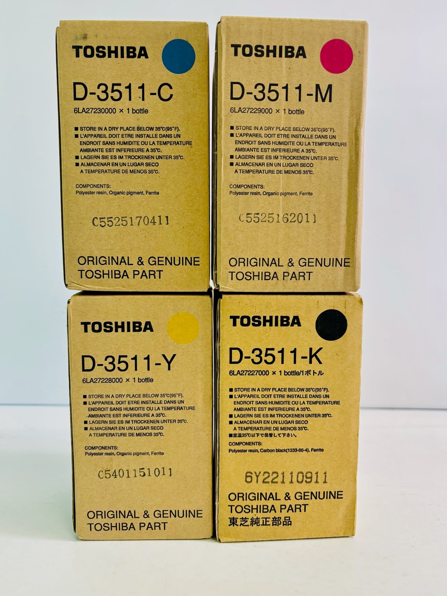 4 Genuine Toshiba e-Studio 3511 Cyan, Magenta, Yellow & Black Toner D-3511,D3511
