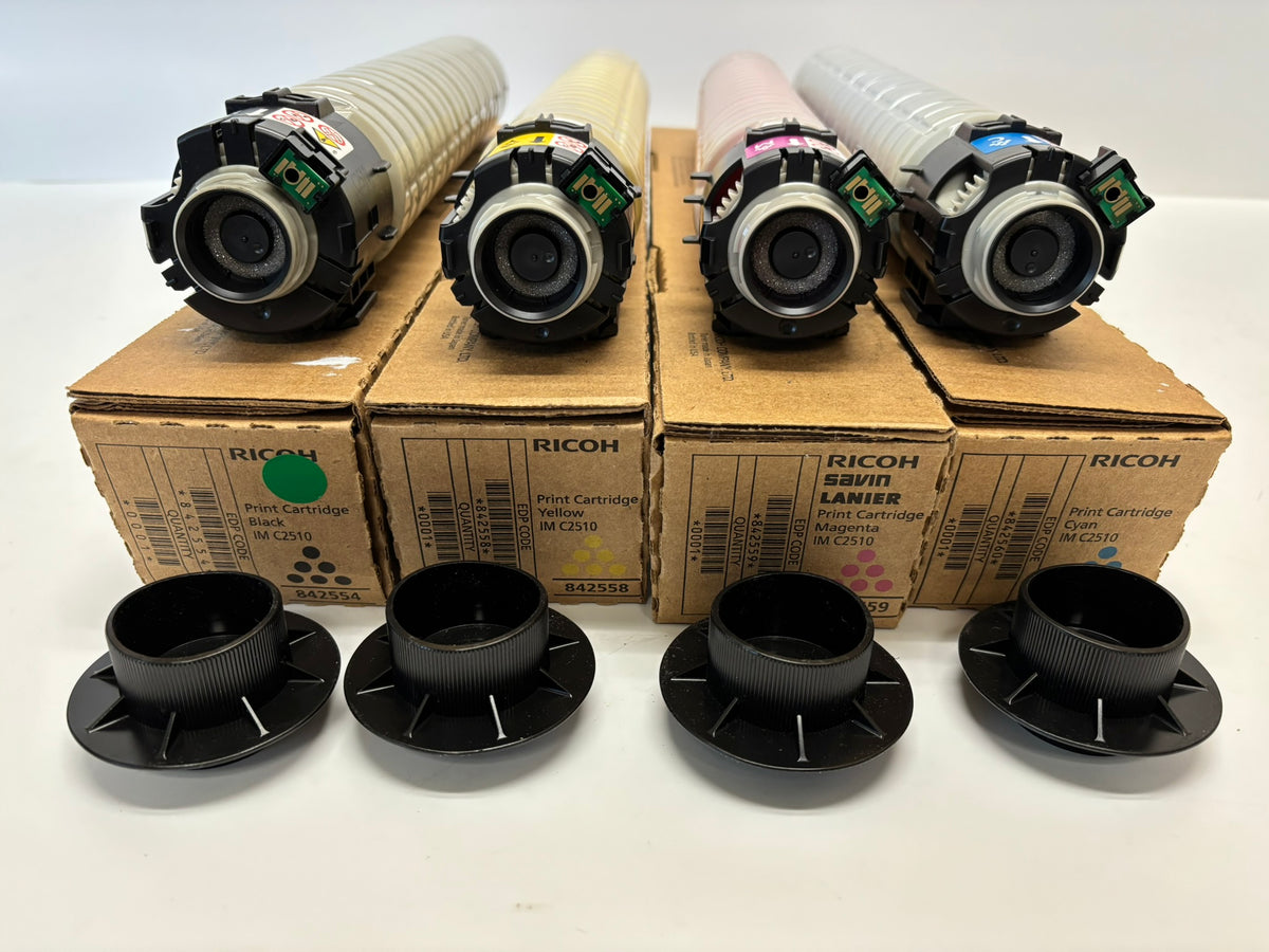 4 Open OEM Ricoh IM C2510 CMYK Toner 842554,58,59,60 (88g-240g; No Plastic Seal)