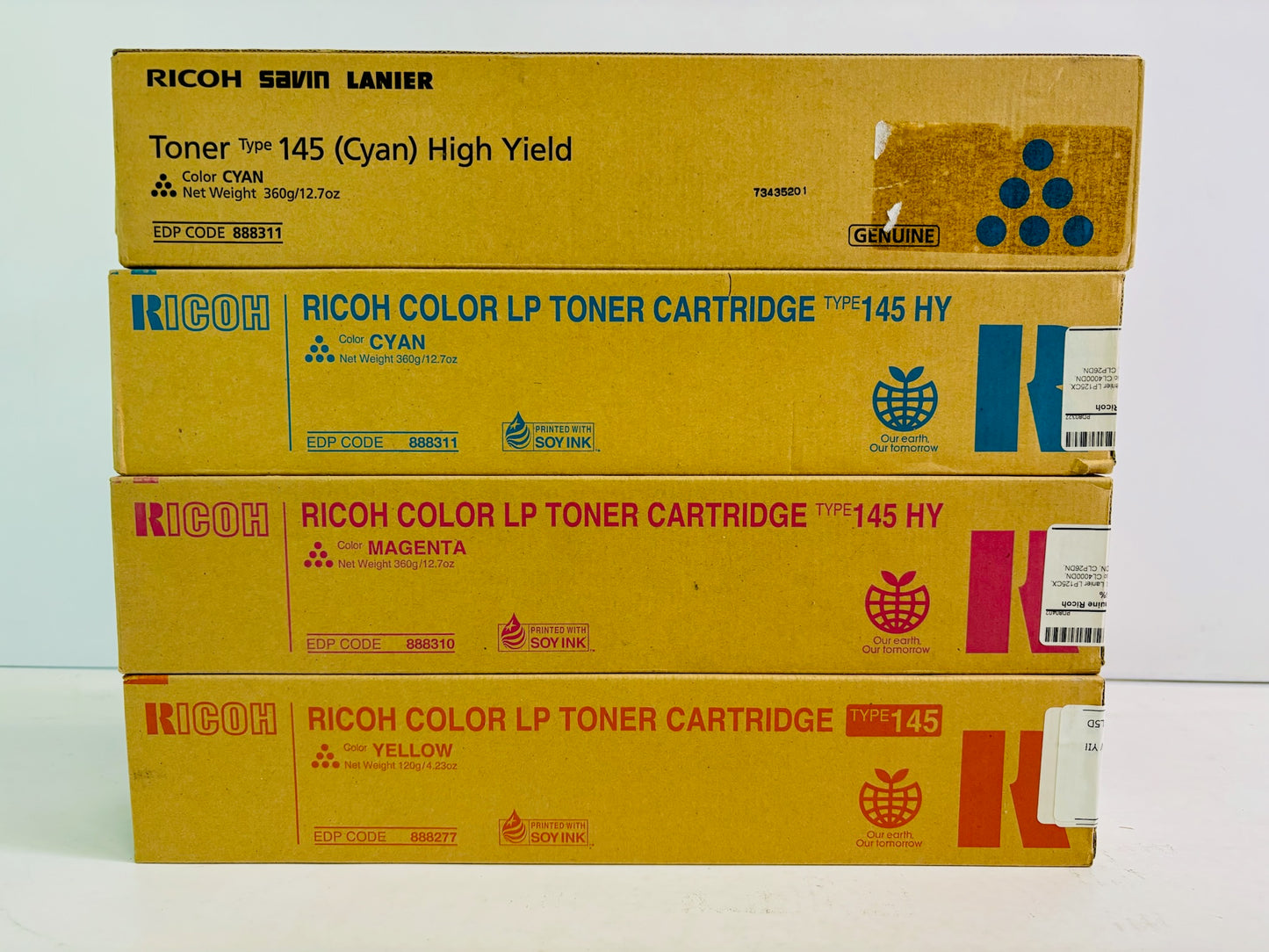 4 Genuine Ricoh Aficio CL4000DN CMY High Yield Toner Type 145, 888310, 11, 77
