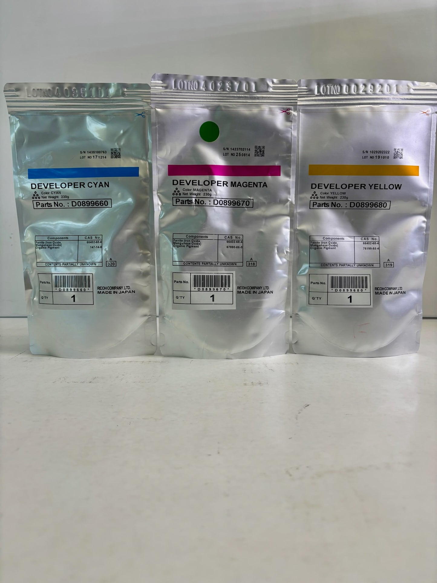 3 Genuine Ricoh MP C3501, MP C3501G CMY Developer D0899660,D0899670,D0899680