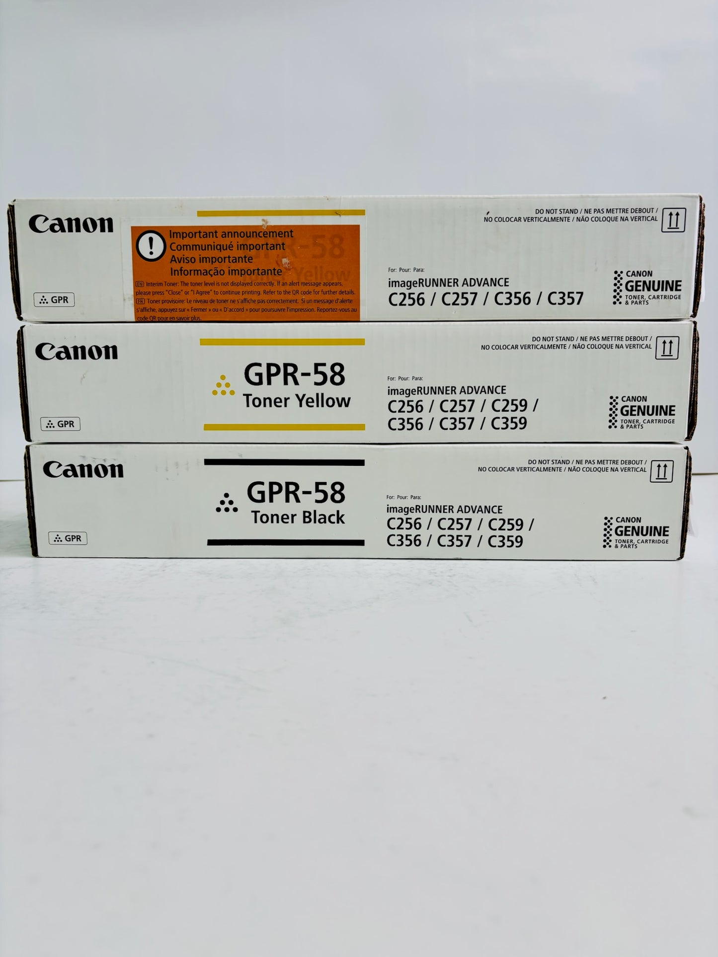 3 OEM Canon iRA C256,C257,C356,C357 Yellow & Black GPR58, GPR-58 YYK Toners