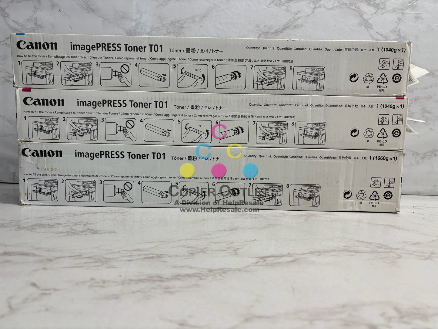 3 Genuine Canon imagePRESS C60,C65,C600,C650 CMK Toners T01 (No Yellow)