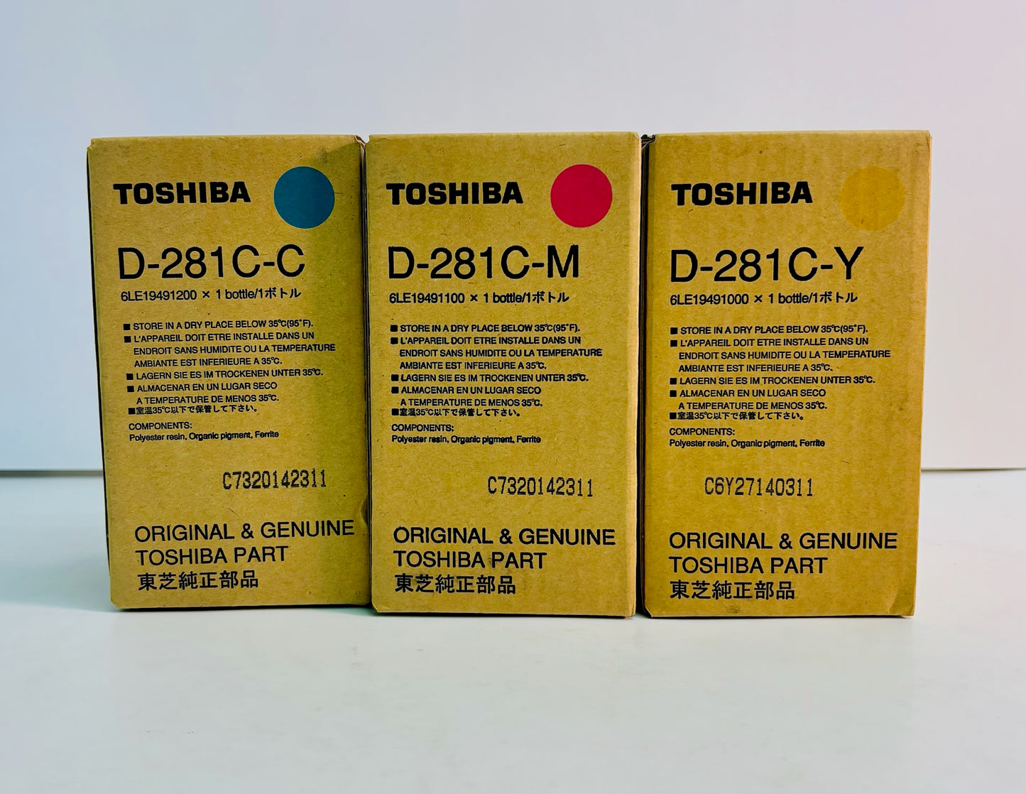 3 Genuine Toshiba eStudio 351C,451C Cyan, Magenta, Yellow Developers D-281C-CMY