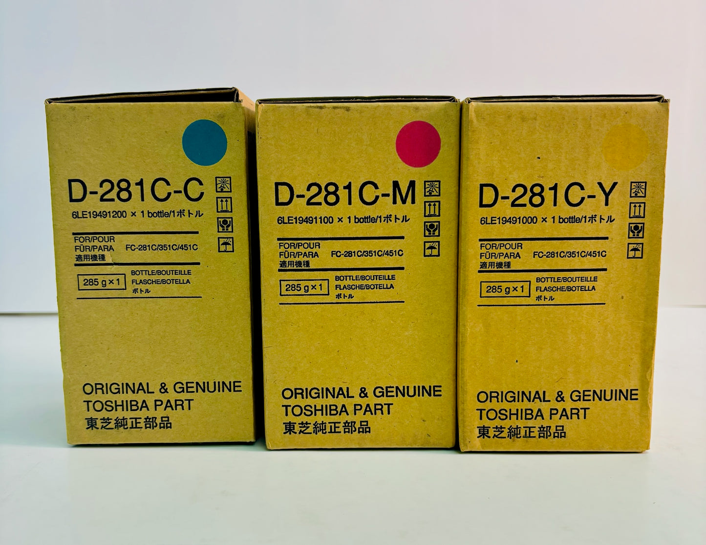 3 Genuine Toshiba eStudio 351C,451C Cyan, Magenta, Yellow Developers D-281C-CMY