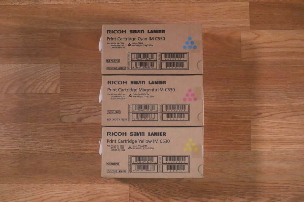 Lot of 3 Ricoh Savin Lanier IM C530 CMY Print Cartridges IM C530FB Same Day Ship - copier-clearance-center