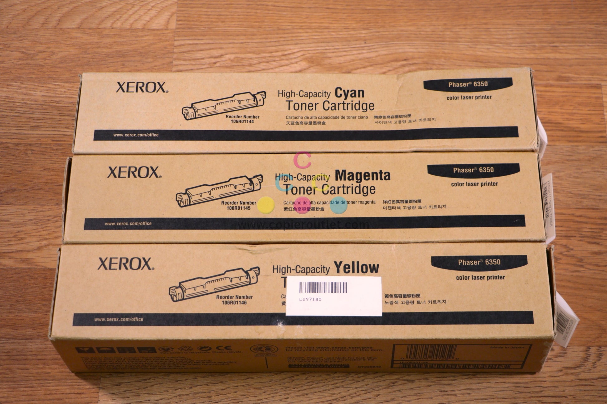 Xerox Phaser 6350 CMY Toner Cartridges 106R01144, 45, 46 For Phaser 6300 / 6350 - copier-clearance-center