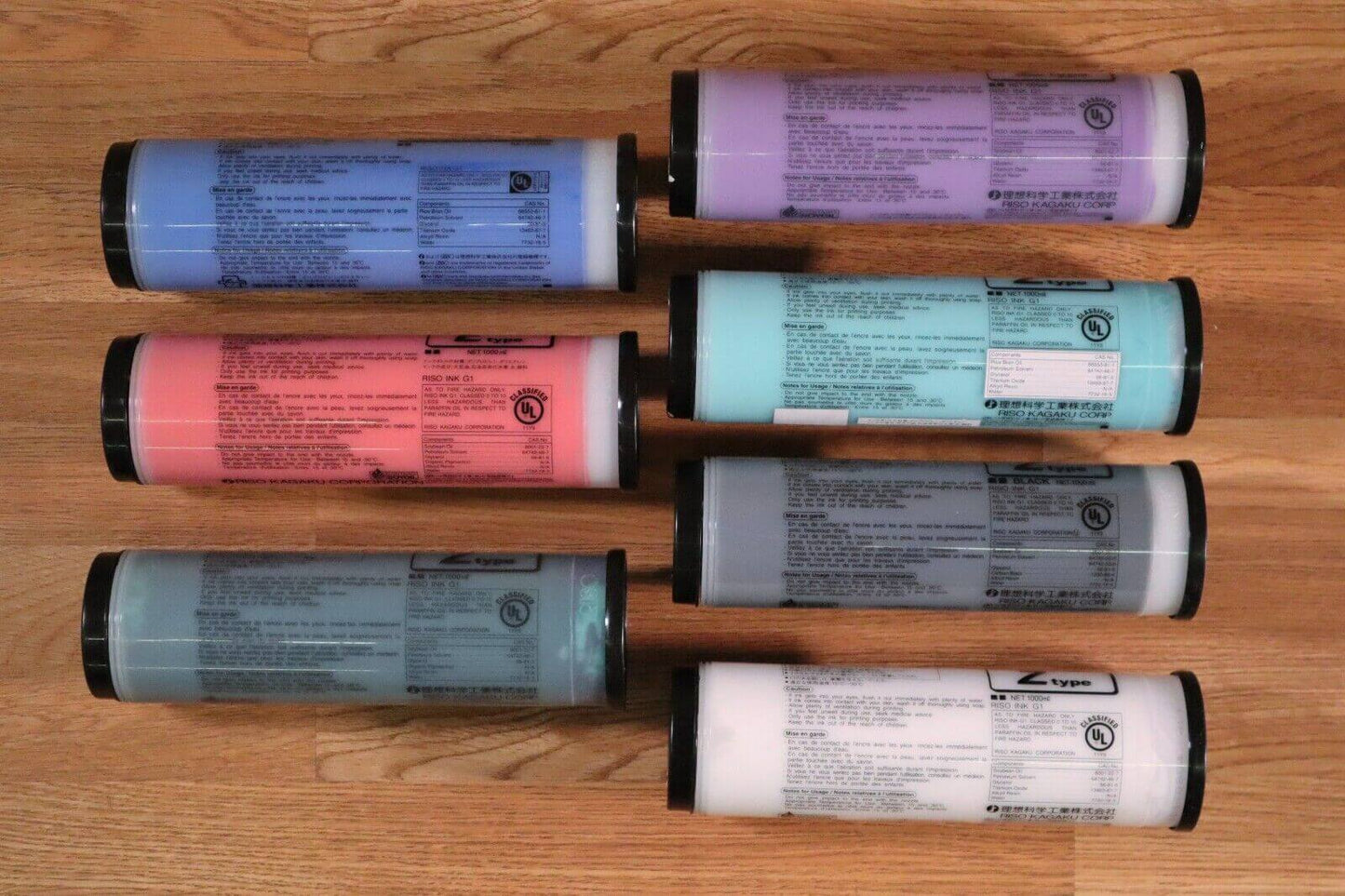 Mixed Lot Of 7 Riso Ink G1 B,R,G,P,T,K,W 1000ml Z type, E type Same Day Shipping - copier-clearance-center