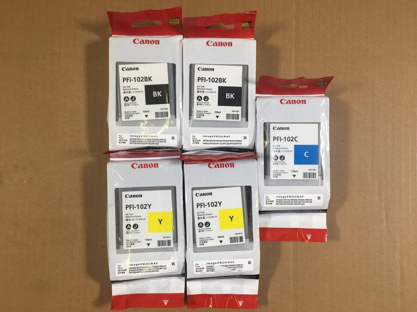 Canon PFI-102 C,Y,Y,BK,BK for imagePROGRAF iPF650 iPF655 2013-2017 FedEx 2Day - copier-clearance-center