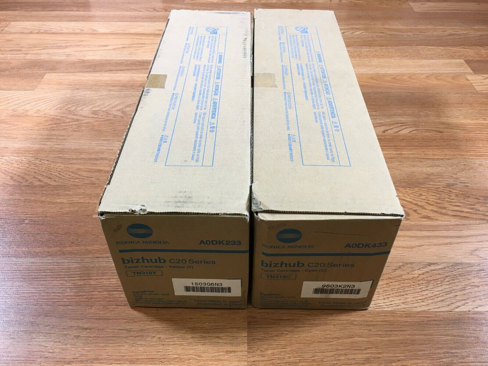 Lot of 2 New Open Box OEM Konica TN318 Cyan & Yellow Toner for C20 - FedEx 2 Day - copier-clearance-center