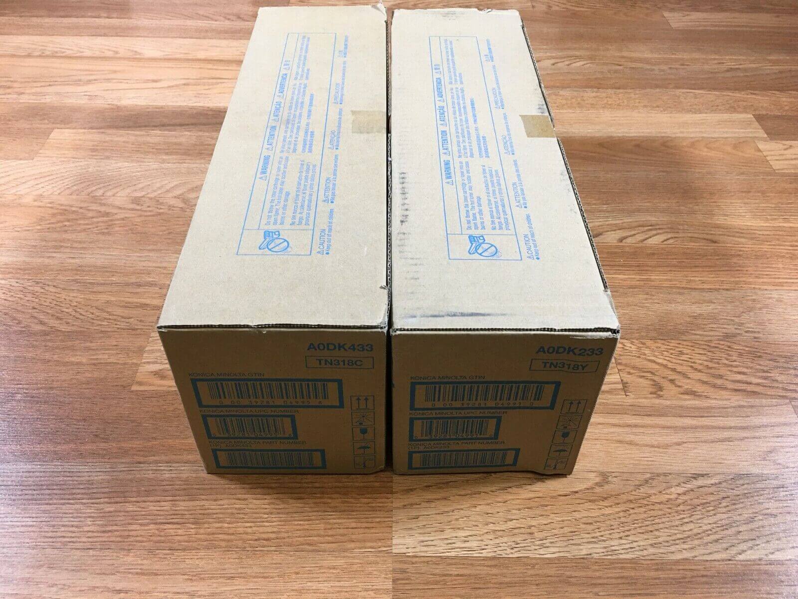 Lot of 2 New Open Box OEM Konica TN318 Cyan & Yellow Toner for C20 - FedEx 2 Day - copier-clearance-center