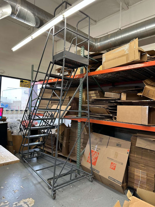 Rolling Steel Ladder 141 inches Total Height 11.75ft, 9 Steps plus Platform - copier-clearance-center