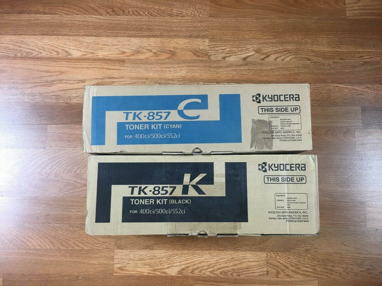 Lot of 2 OEM Kyocera TK-857 Cyan & Black Toners for 400ci-500ci-552ci FedEx 2Day - copier-clearance-center