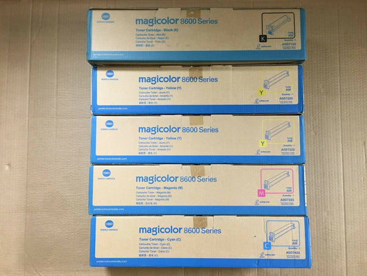 Lot of 5 OEM Konica Minolta 8600 series CMYK Toner Set A0D7433 - Fedex 2 Day - copier-clearance-center